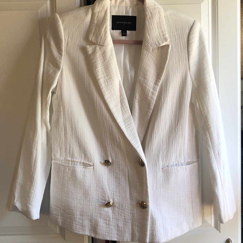 Banana Republic Women's White Double Breasted Blazer with Gold Buttons
